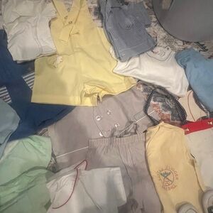 Vintage Baby Clothing Set in Yellow, Blue, and Gray